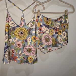 Floral Satin Camisole & Short Sleep Set - Vibrant Spring Print On Grey Blue Back
